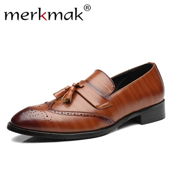 

Merkmak Autumn Men Shoes Leather Loafers Classic Tassel Brogue Mans Footwear Formal Shoes Men Casual Shoes Flat Big Size 37-48