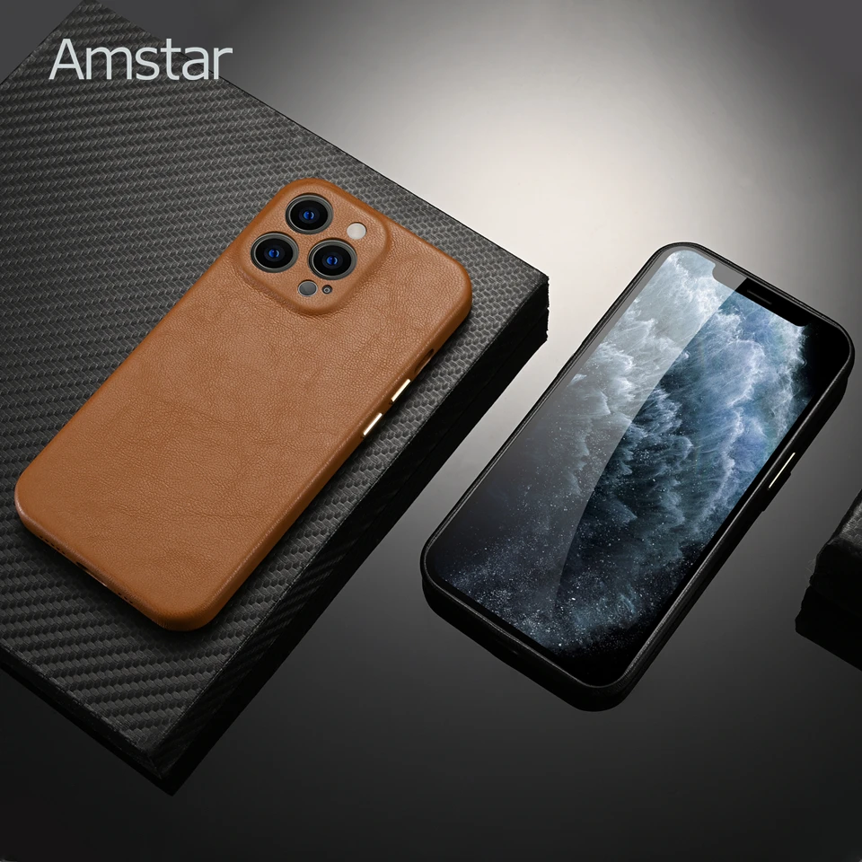 Amstar Luxury High-end Leather Phone Case for iPhone 13 Pro Max Metal Button Camera Wrapped Leather Cover for iPhone 13 Mini best iphone 12 mini case iPhone 12 Mini