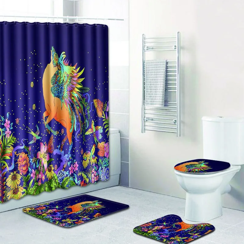 

Colorful Animal Elk 3D Print Bathroom Waterproof Shower Curtain Polyester Modern Hooks Pedestal Rug Lid Toilet Cover Bath Mat