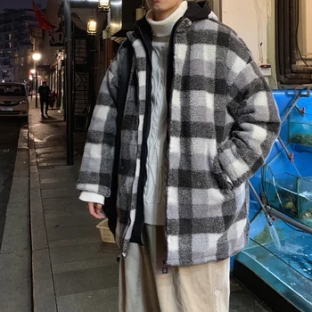 

Winter New Lamb Fur Coat Men's Warm Fashion Parka Men Retro Casual Plaid Hooded Coat Man Wild Loose Cotton Thick Jacket Male