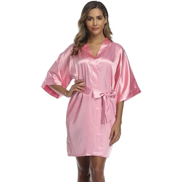 Summer Champagne Chinese Bride Wedding Robe Satin Sleepwear Women Nightgown Sexy Nightdress Lady Kimono Bathrobe Gown Negligee Robe Light Red