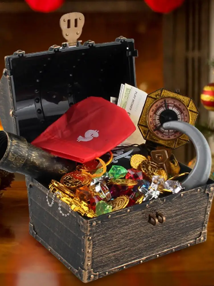 143pcs Kid Pirate Chest Box Golden Box Toy Kit Pirate Eye Sticker Retro Chest Children's Treasure HuAnt