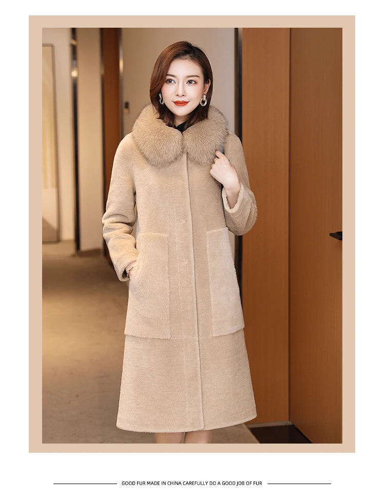 Vintage Long Sheep Shearing Jacket Women Winter Natural Fox Fur Collar Real Fur Coat Female Wool Jackets Fur Top Hiver 9909