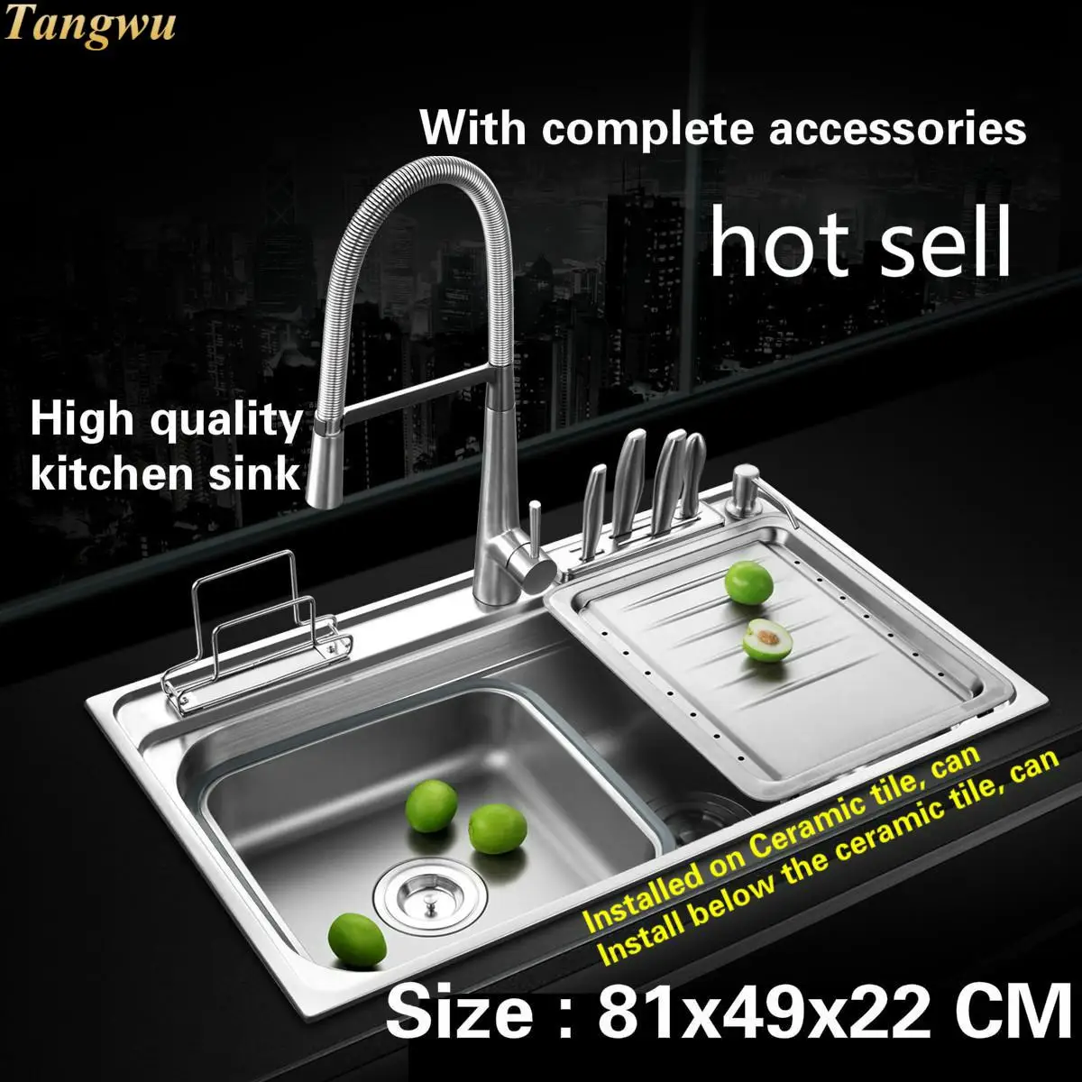 

Tangwu High-grade kitchen sink 1 mm thick food grade 304 stainless steel multi-function large single groove 81x49x22 CM