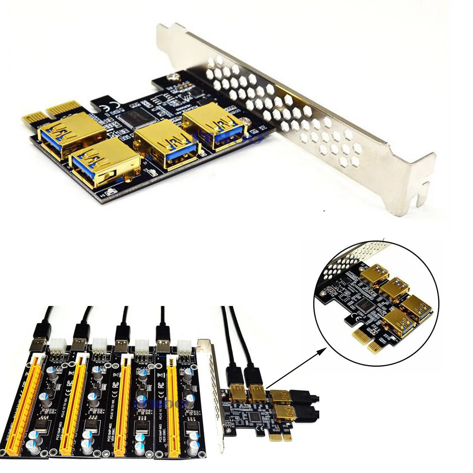 New 4 Ports PCIe Riser Adapter Board PCI-E 1x to USB 3.0 Rabbet GPU Extender Ethereum ETH/Monero XMR/Zcash ZEC 1 |