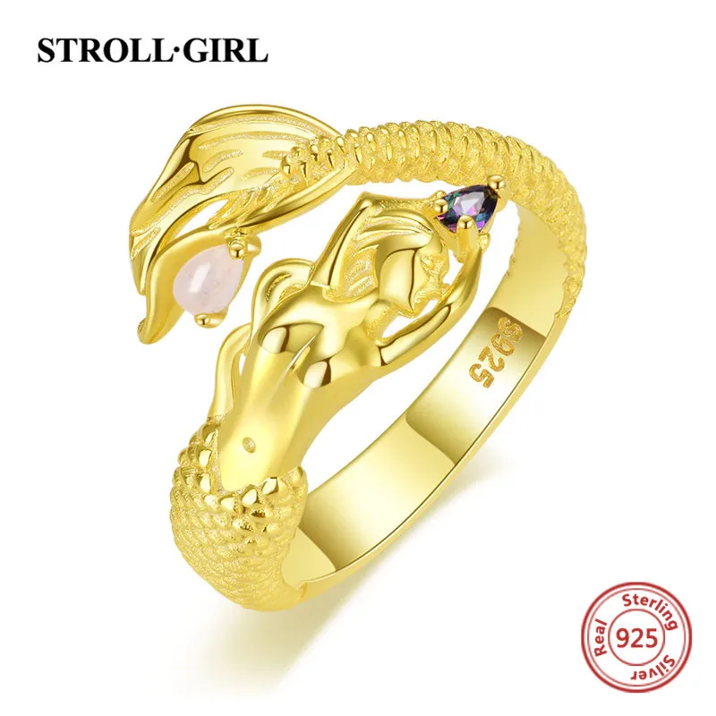

StrollGirl 925 sterling silver gold color Moon stone Mermaid open size Finger Rings adjustable make for women Fashion Jewelry