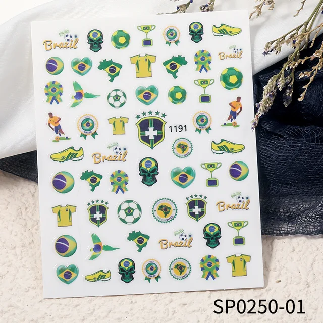 Fashion Adhesive World Cup Football Nail Decal Brazil Argentina Flag Nail Art Sticker 3D Manicure Decoration Accessories7.8x10cm SP0250-01