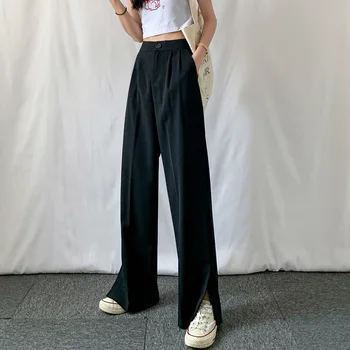 

Summer Women Solid Color Trousers High Waist Straight Wide Leg Pants Cotton Loose Thin Section Suit Pants Fashion Casual Pants