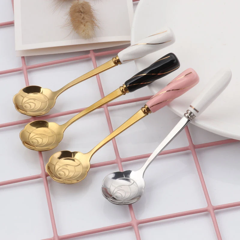 

Flower Shape Ceramic Handle Stainless Steel Spoon Coffee Stirring Dessert Teaspoon Accessories Tableware Set