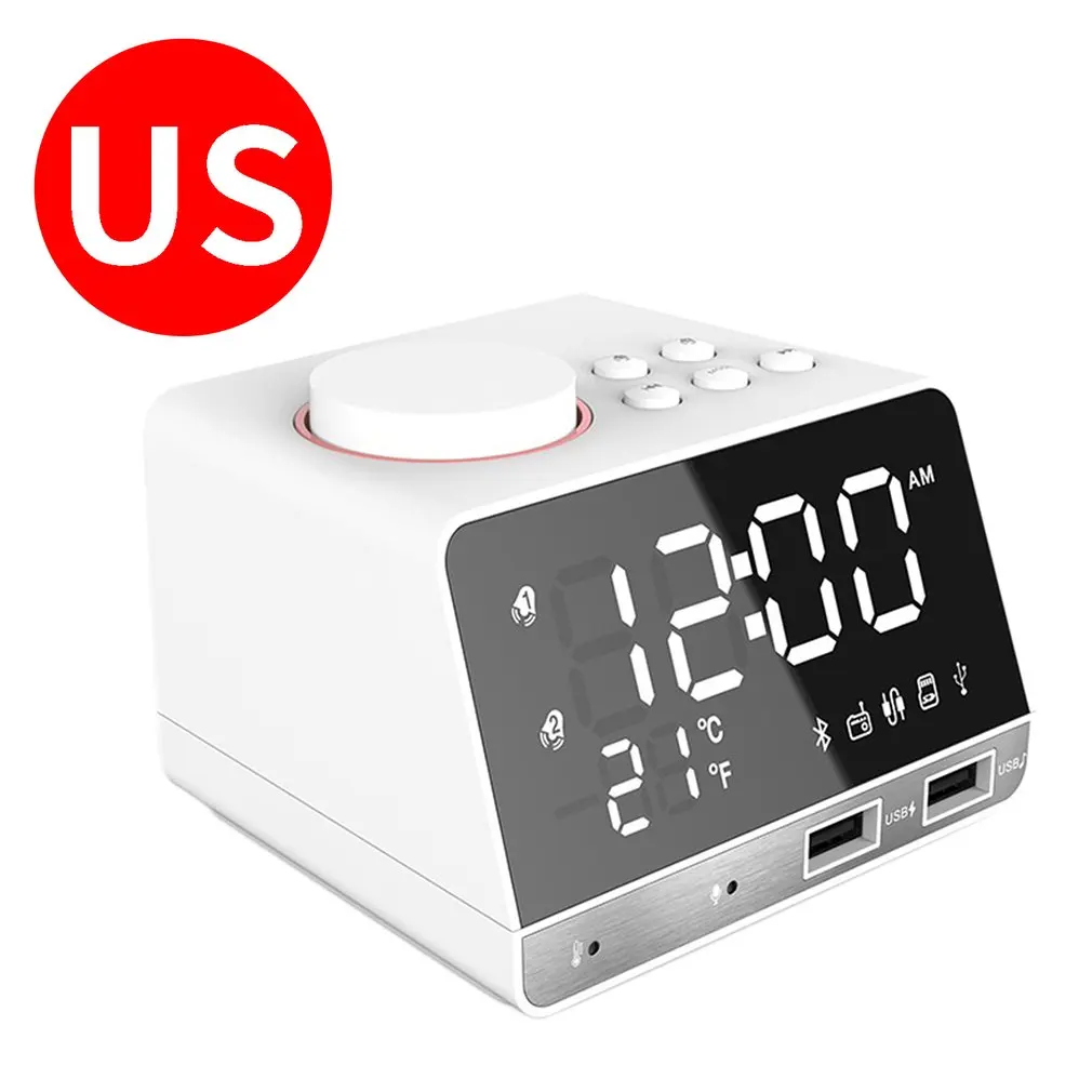 Digital Alarm Clock Bluetooth Radio Alarm Clock Speaker Temperature 2 USB Ports LED Display Home Decoration Snooze Table Clock - Цвет: Белый