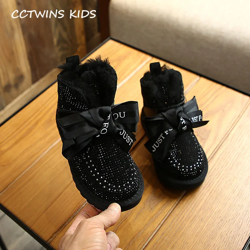 Черный CCTWINS/детская обувь; коллекция года; зимние детские ботинки со стразами; брендовые короткие ботинки для маленьких девочек; Теплая обувь с бабочкой для малышей; SNB195 - Цвет: Черный