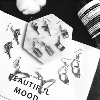 

New Punk Fun Handmade Jewelry Earring Retro Dark Handcuffs Rose Pistol Coin Blade Hanger Dangle Fashion Earrings For Women Girls