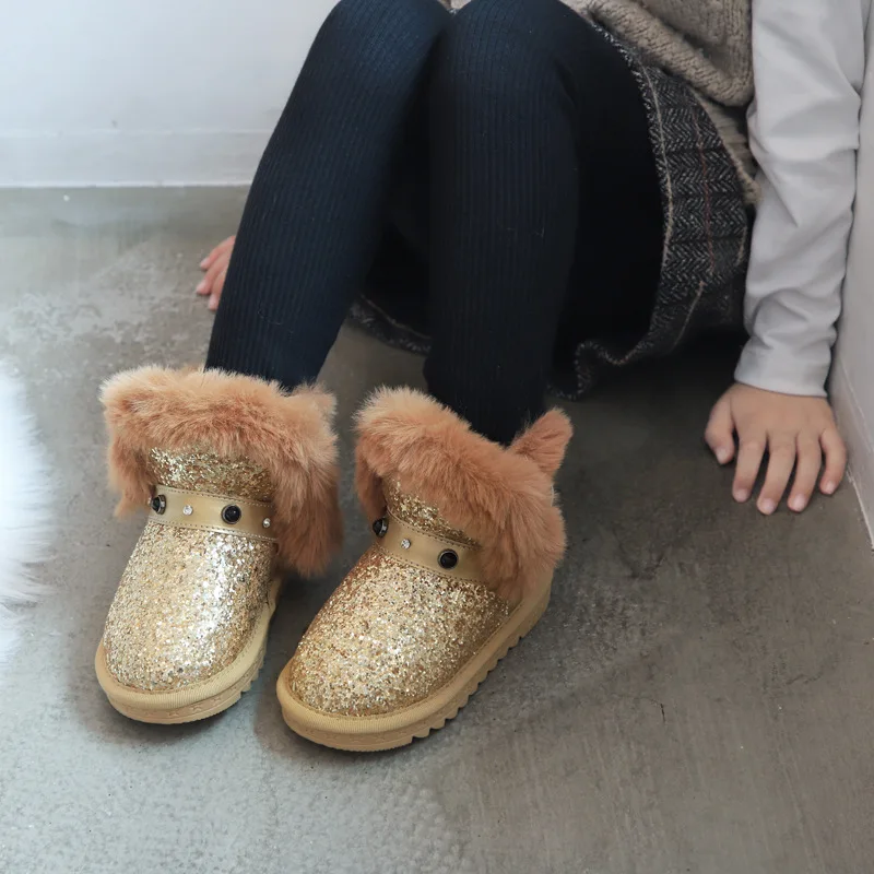 Детские зимние ботинки; Новинка года; модные ботинки на кроличьем меху для девочек; детская хлопковая обувь; ботинки из натуральной кожи с блестками; B419