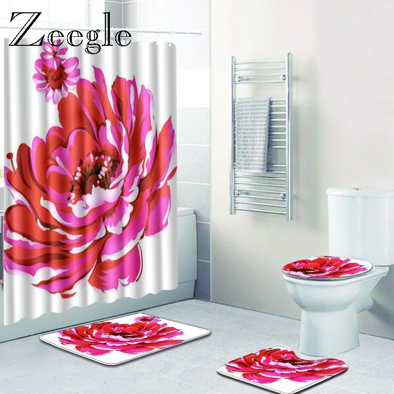 Zeegle Bathroom Carpet Set Anti Slip Bathroom Doormat Shower Mat Waterpoof Curtain Washable Toilet Pedestal Foot Mat Toilet Set