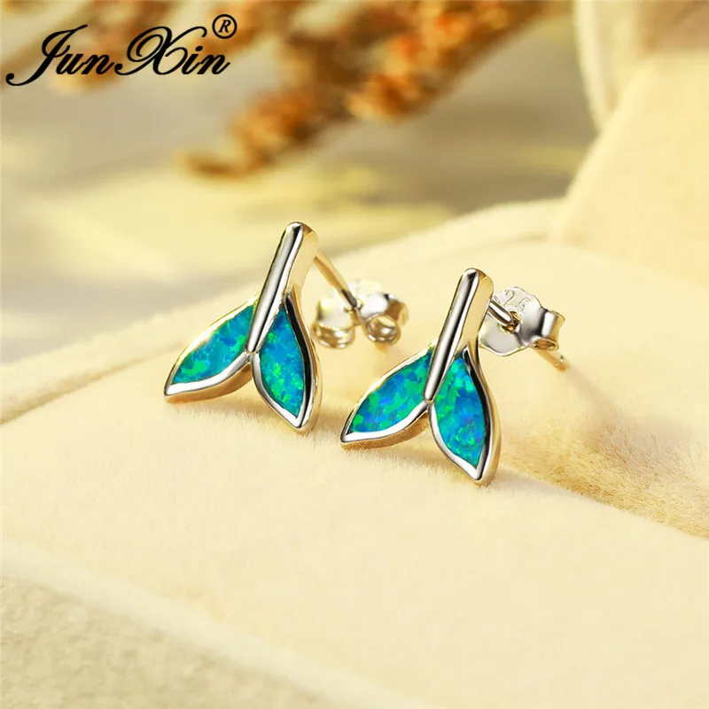 White Gold Filled Blue Fire Opal Earrings Mermaid Tail Stud For Women Men Wedding Studs Fishtail Ear Jewelry | Украшения и