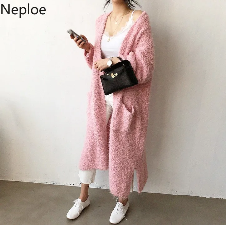 

Neploe Plush Loose Long Knit Cardigan 2019 Autumn Winter New Sweater Coat Long Sleeve Pocket Soft Warm Pull Jumper Jacket 54787