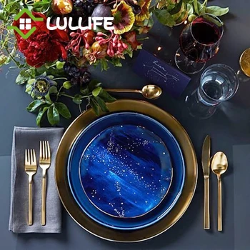

8 inch Luxury Gold Inlay Star Ceramic Plates Cake Dessert Fruit Dinner Plates Round Dishes and Plates Jewelry Display Tray Blue
