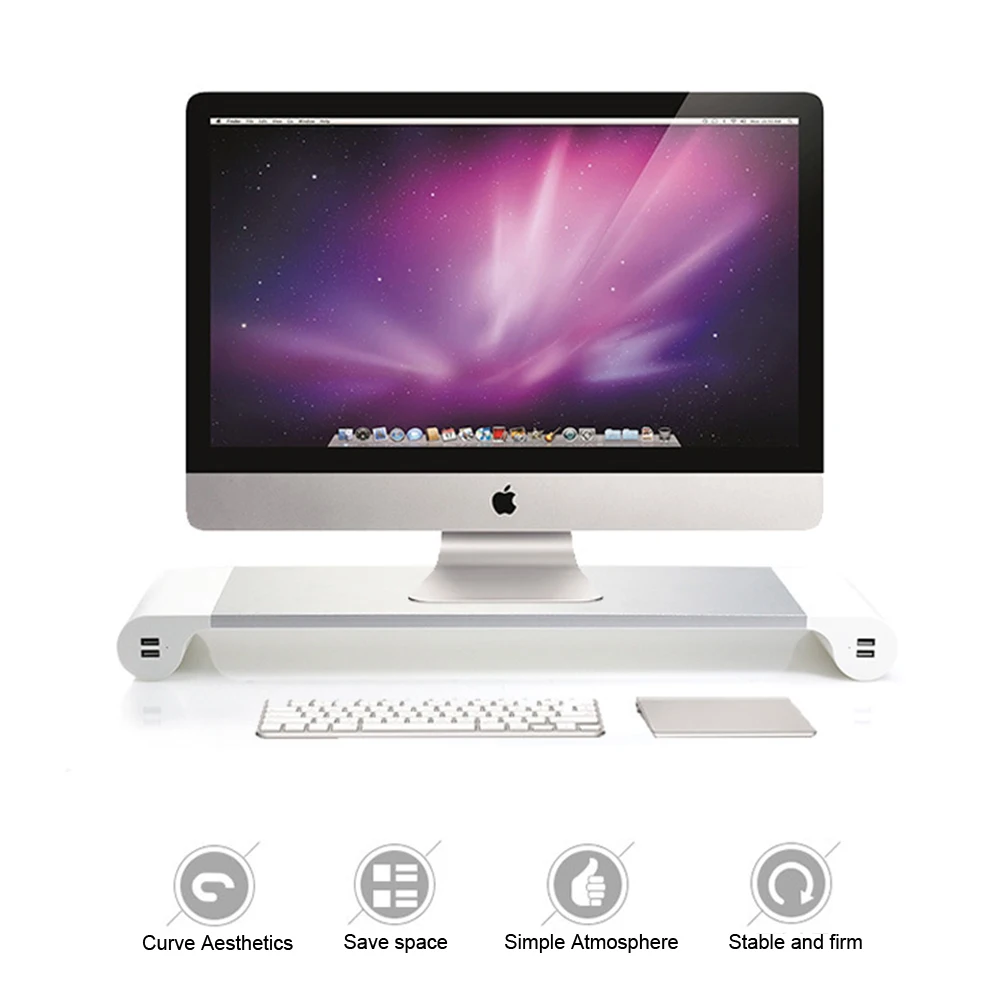  Aluminum Alloy Desktop Monitor Stand Non-slip Laptop Stand Riser with 4-ports USB Charging