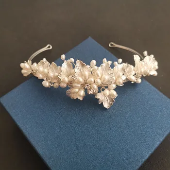

SLBRIDAL Handmade Luxury Alloy Leaf Crystal Rhinestones Freshwater Pearls Bridal Tiara Wedding Party Crown Women Hair Jewelry