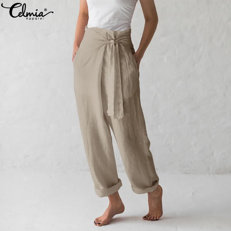 Celmia, женские Винтажные льняные широкие штаны, повседневные женские шаровары, свободные длинные штаны, Палаццо Feminino S-5XL