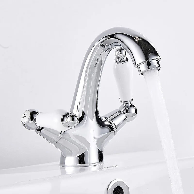 

Traditional Basin Faucet Bathroom Sink Mixer Tap Chrome Ceramic Dual Handles Deck Mounted Bath Shower Taps