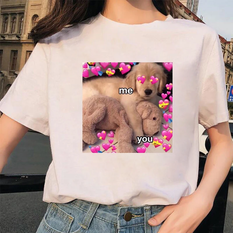 

New Cute Korea Ulzzang Cat Love Heart Dog Printed Tshirts Summer Short-sleeved Tops Casual Plus Size Casual Couple T-shirts