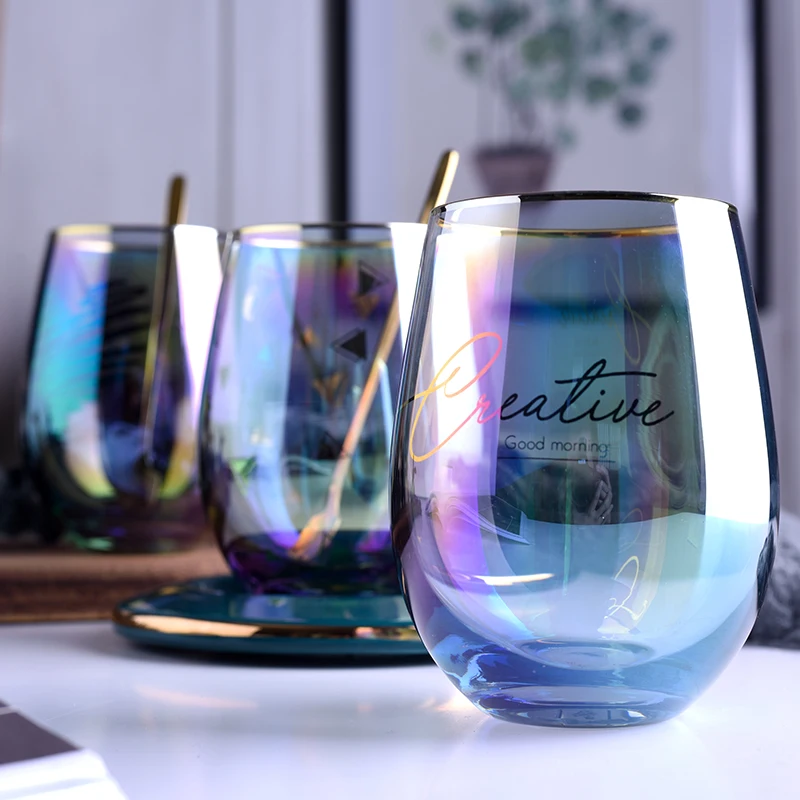 

Creative Multi Color Glass Water Cup wine glasses Luxury Coffee Cup set saucers with spoon Heat-resistant Afternoon tea cups