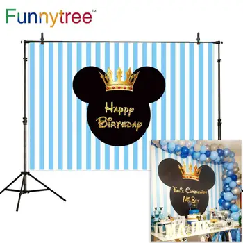 

Funnytree photography studio photo background Boy baby shower blue stripes Crown mouse birthday decoration photozone photocall