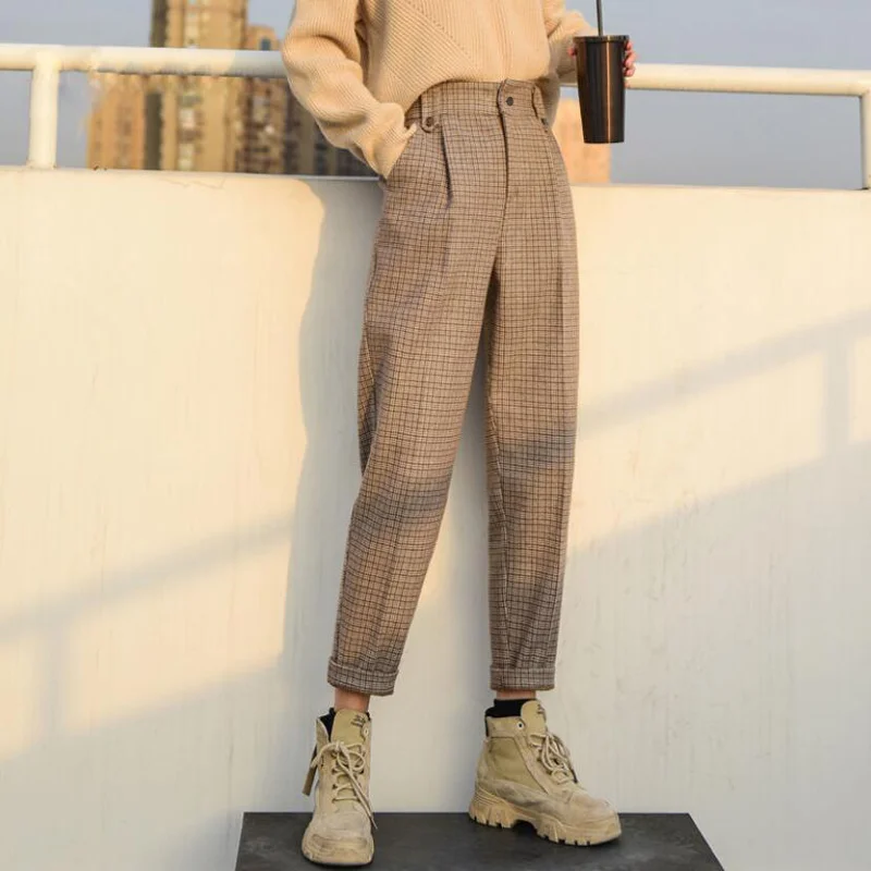 Autumn Winter Women Plaid Pencil Pants Woolen Straight Trousers Female High Waist Loose England Style Ankle-length | Женская одежда