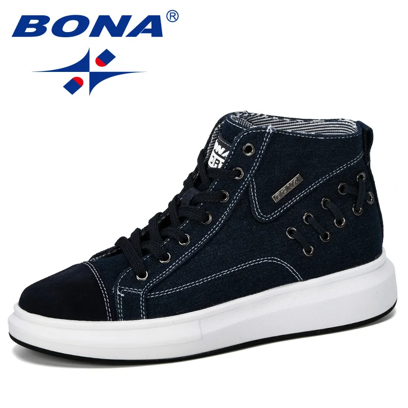 BONA/ г. Мужская Вулканизированная обувь мужские весенне-осенние высокие модные кроссовки Удобная однотонная мужская повседневная обувь на шнуровке - Цвет: Deep blue
