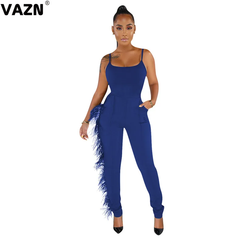 VAZN ME324 Tide Новые Сексуальные женские однотонные длинные штаны длиной до щиколотки с кисточками женские облегающие комбинезоны без рукавов с v-образным вырезом
