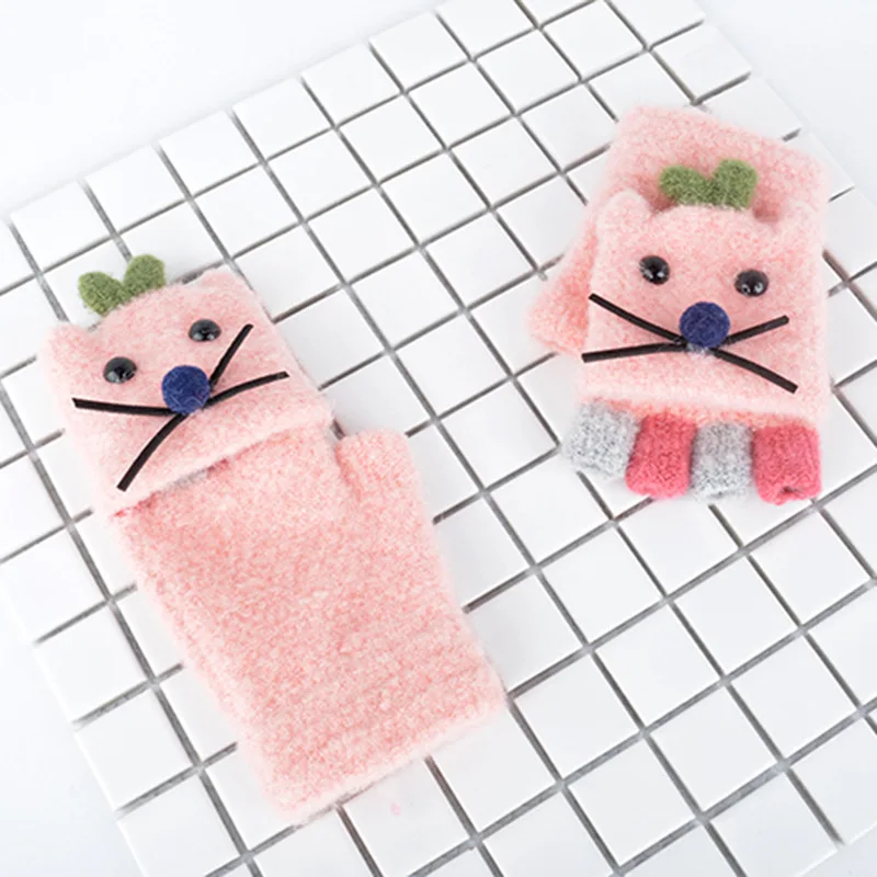 AHB/Детские перчатки с милым котом зимние вязаные перчатки теплые перчатки с открытыми пальцами варежки детские перчатки для мальчиков и