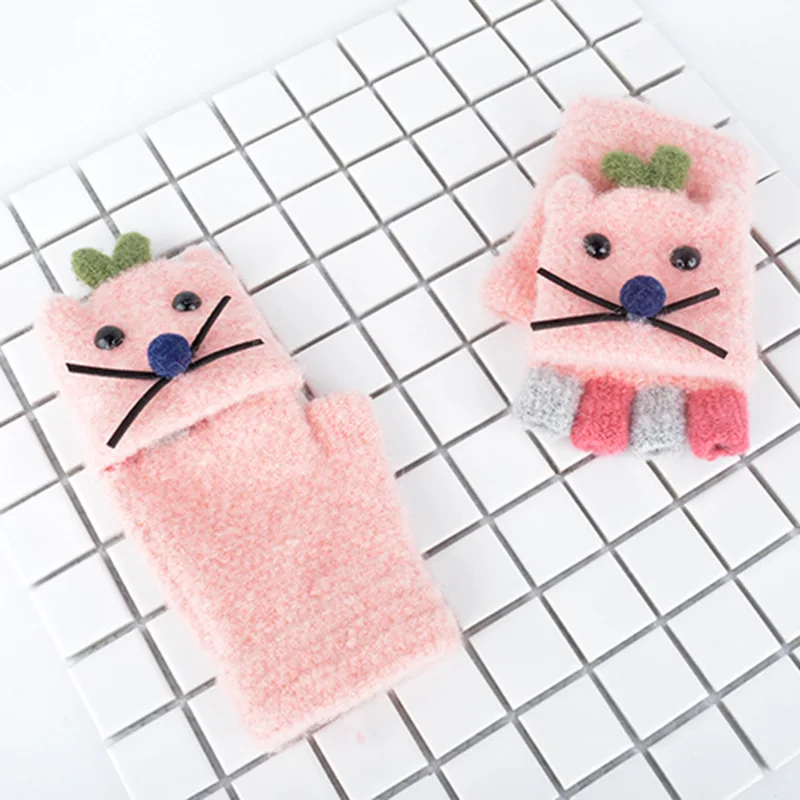 

AHB Cute Cat Style Children's Gloves Winter Knitted Gloves Half Finger Warm Mittens Kids Gloves for Boy Girls 4-8 Years