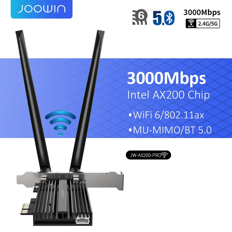 

Joowin 3000Mbps Dual Band Wireless Desktop PCIe For Intel AX200 Card 802.11ax 2.4G/5Ghz Bluetooth 5.0 PCI Express WiFi 6 Adapter