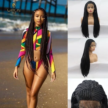 

WEILAI African small curly braided hair whole head black braid long straight wig front lace synthetic wig