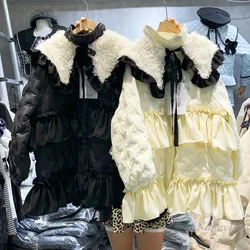 90% pato branco para baixo casaco de inverno para mulher grosso lolita estilo boneca colarinho ruffled ponto meados de comprimento casacos doce menina outwears