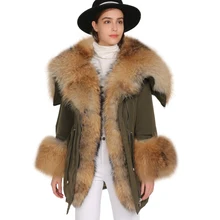 Женское роскошное большое пальто с капюшоном и воротником из меха енота, теплая пуховая парка, высокое качество, новинка, модная Длинная зимняя меховая куртка