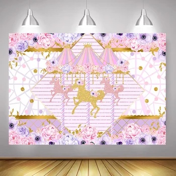 

Pink Carnival Amusement Park Photography Floral Carousel Girl Birthday Party Backdrop Decoration Ferris Wheel Newborn Princess