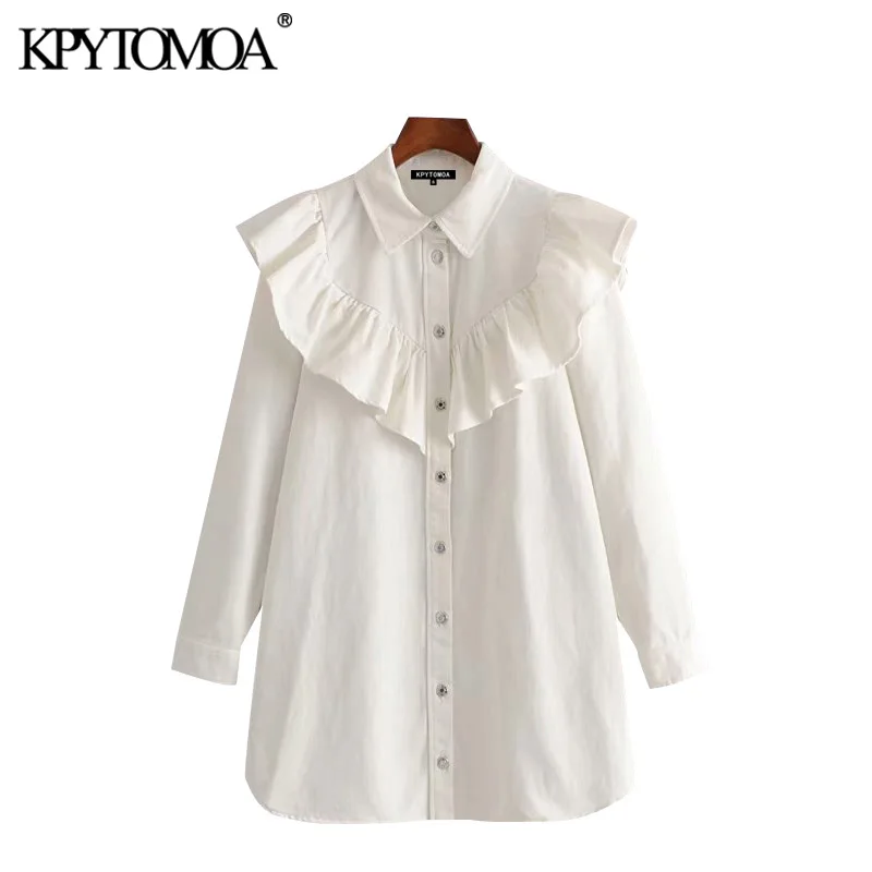 

KPYTOMOA Women 2020 Chic Fashion Ruffled Denim Mini Shirt Dress Vintage Lapel Collar Long Sleeve Female Dresses Vestidos Mujer