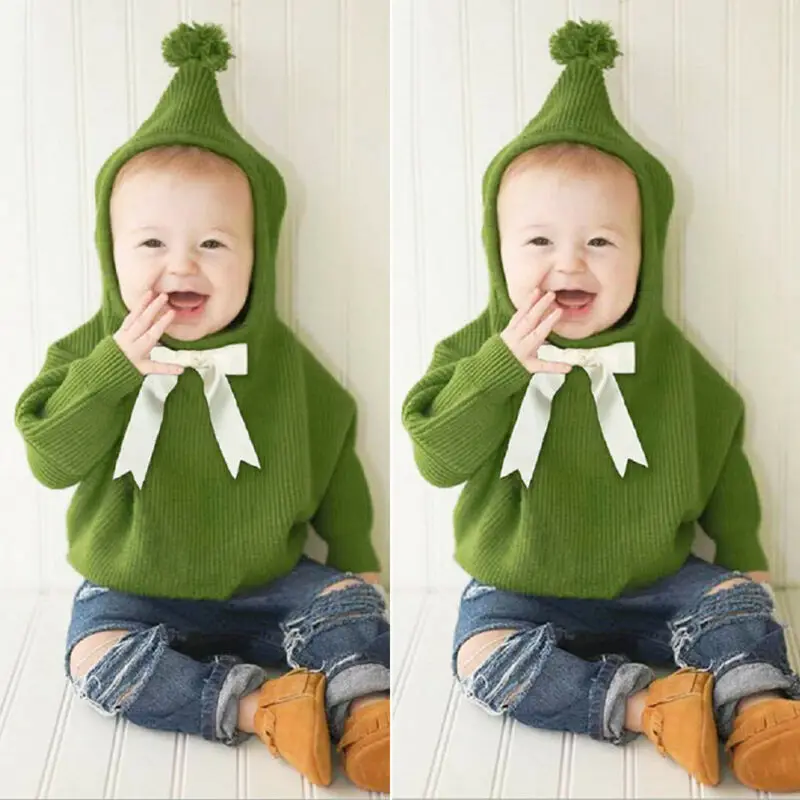 Зимняя вязаная для маленьких девочек; теплый свитер с капюшоном для новорожденных; плащ с бантом; BL15