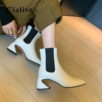 

CIALISA Women Boots Genuine Leather Round Toe High Heel Elastic Autumn Winter Boot 2020 New Strange Heel Plus Size 40-41 Shoes