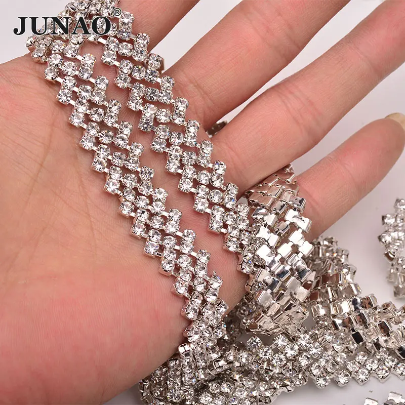 Clear JUNAO SS16 блестящая швейная AB лента со стразами, стеклянные стразы, цепочка с отделкой из серебристого металла, цепочка с кристаллами, аппликация для одежды - Цвет: Clear