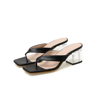 

New Ins Hot Women Square Head Snakeskin Split Toe Square Heel High Heel Slippers Size 40 Womens Shoes Sandals