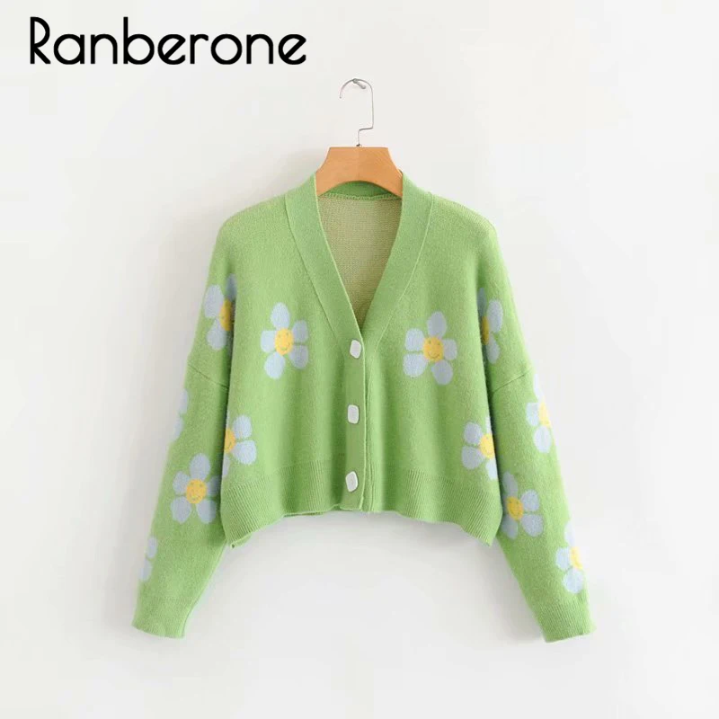 Ranberone Women Sweater Cardigan Cute Light Green Lazy Wind Spring Sweaters with Flower Print Women Tops Christmas Sweaters Ranberone Women Sweater Cardigan Cute Light Green Lazy Wind Spring Sweaters with Flower Print Women Tops Christmas Sweaters