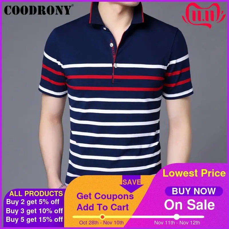 

COODRONY Cotton T Shirt Men Short Sleeve T-Shirt Men Summer Social Business Casual Men's T-Shirts Striped Tee Shirt Homme S95101