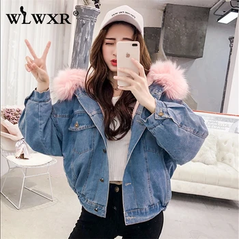 

WLWXR Harajuku Women Denim Jackets Coats Blue Fleece Oversized Jackets Jeans Women Outwears Autumn Fall Cropped Ladies Jacket