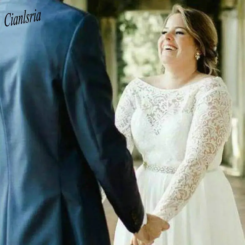 Elegant Boat Neck Lace Chiffon Plus Size Wedding Dress Long Sleeve Crystal Sashes Backless Country Wedding Dresses