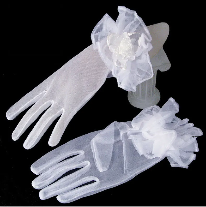 

White Ivory Wrist Length Tulle Full Finger Bride Gloves with Flowers Women Wedding Accessories