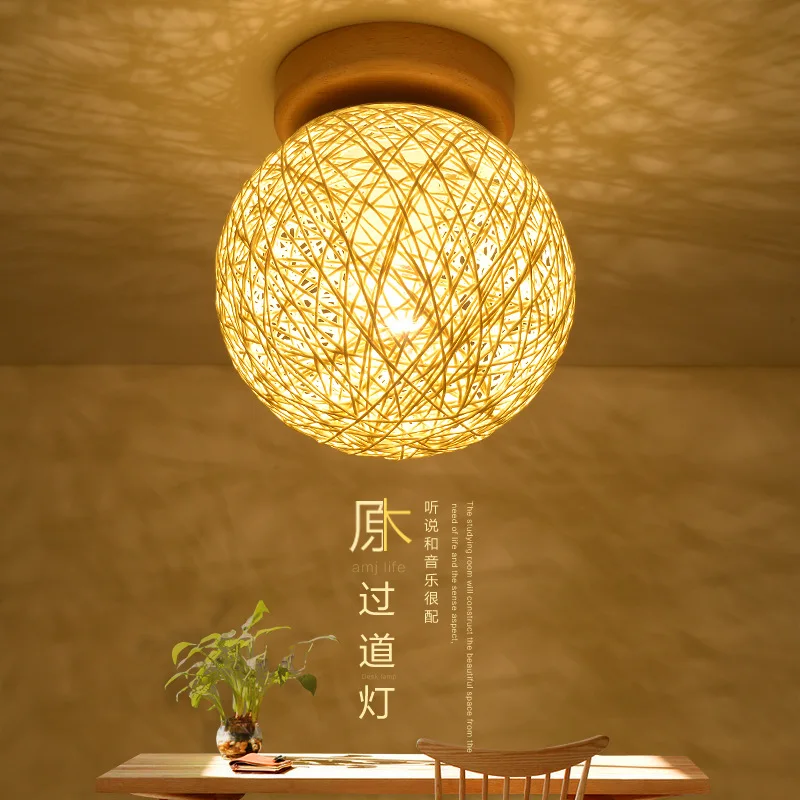 

LED Pastoral Style Ma Ball Rattan Hallway Entrance Lights Stairs Balcony Corridor Ceiling Hallway Circle Entrance Lights