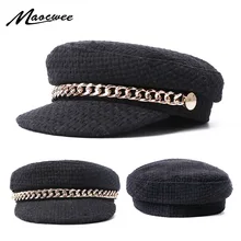 Женские шапки для девочек, военная Кепка, армейские шапки, матросское золотое ожерелье, украшение, газетчик, сплошной цвет, черный, весна-осень, модная уличная одежда
